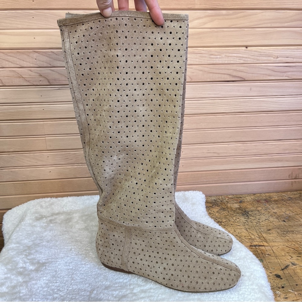 Arturo Chiang Tan Suede Perforated Knee High Flat Boots